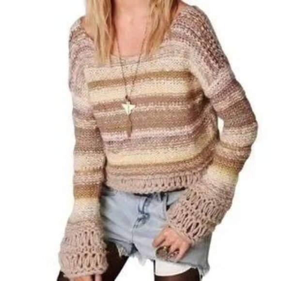 Free People Limbo Knit Crop Alpaca Blend Boho Stripe Multi Brown Women's Size M - Picture 1 of 9